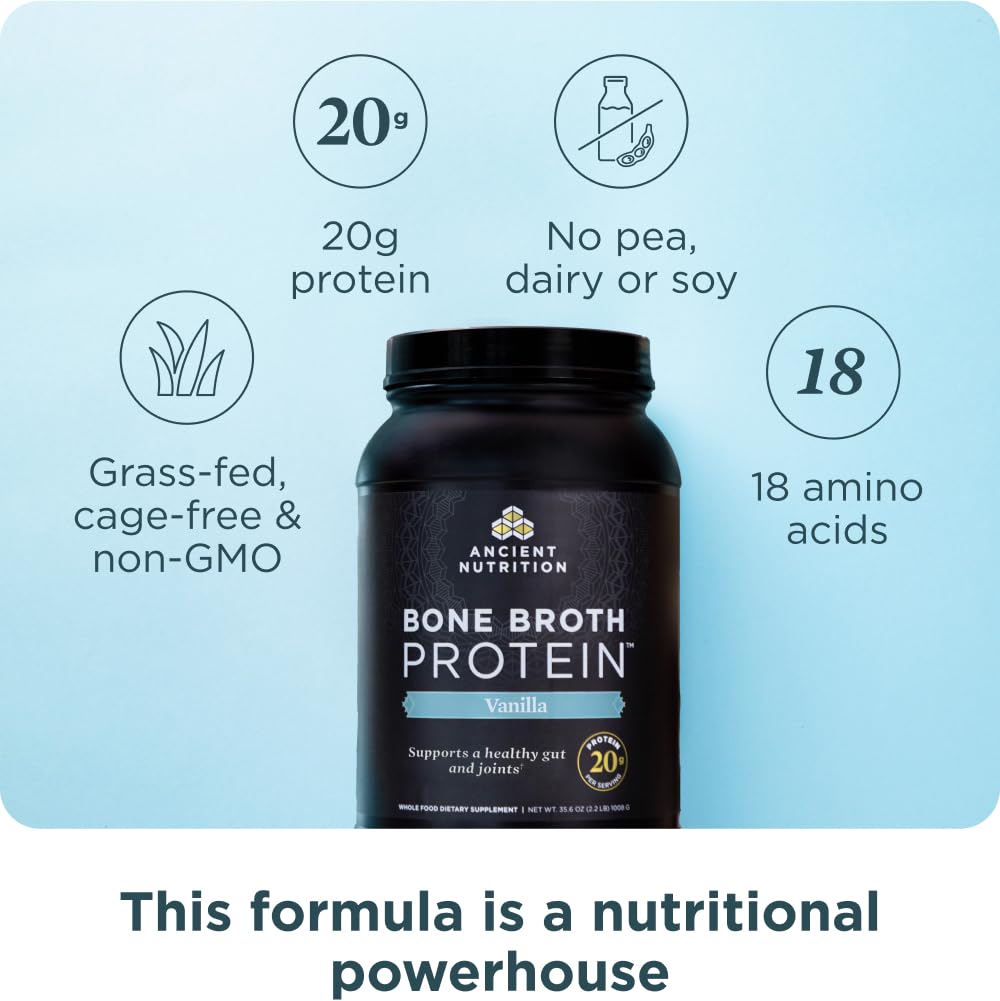 Ancient Nutrition 20g protein per serving vanilla tub for daily nutrition