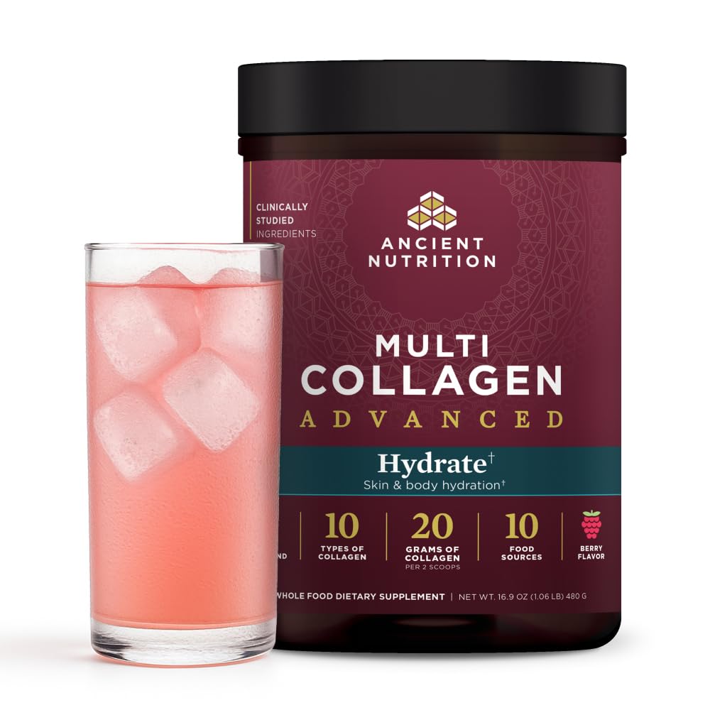 Ancient Nutrition Advanced Multi Collagen Hydrate bottle in mixed berry flavor supports hydration and skin health