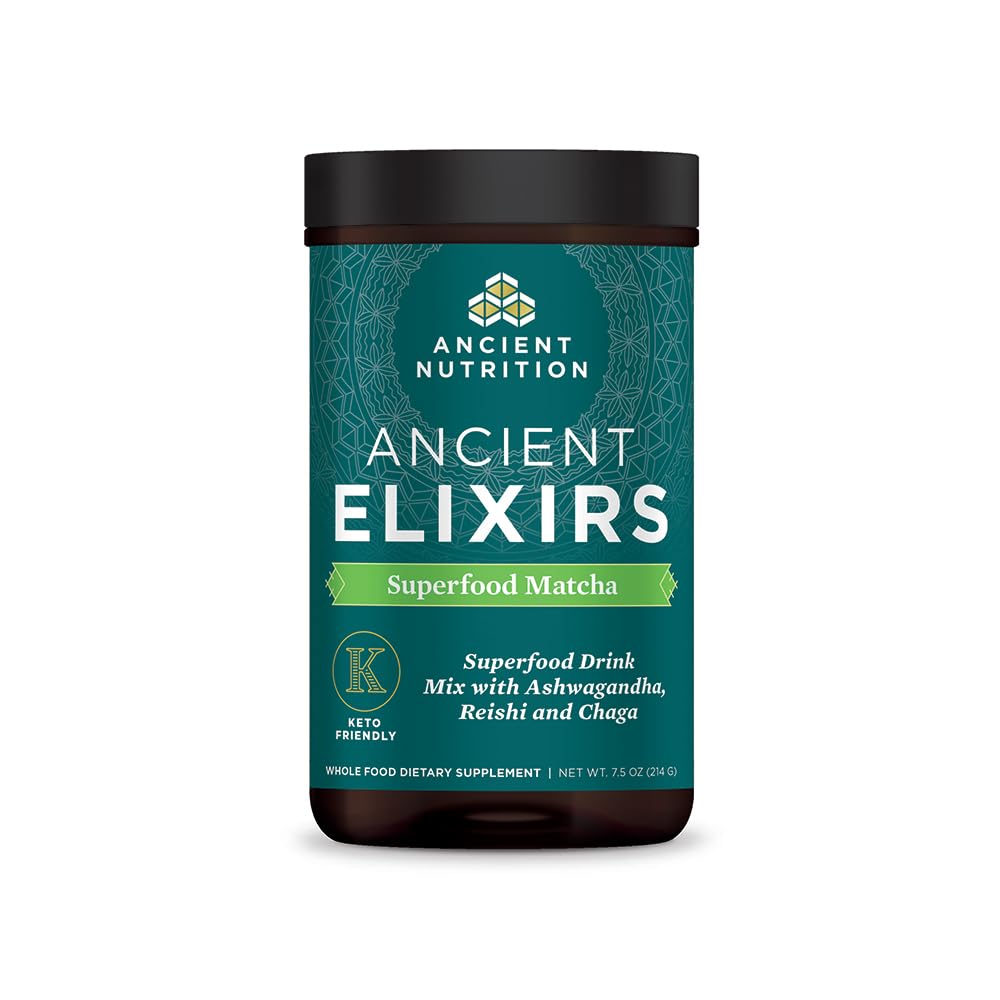 Ancient Nutrition Ancient Elixirs Matcha tub front view highlighting energy potential