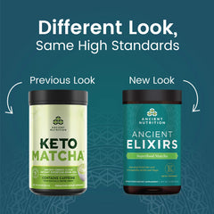 Ancient Nutrition Ancient Elixirs Matcha tub label close-up with ingredients
