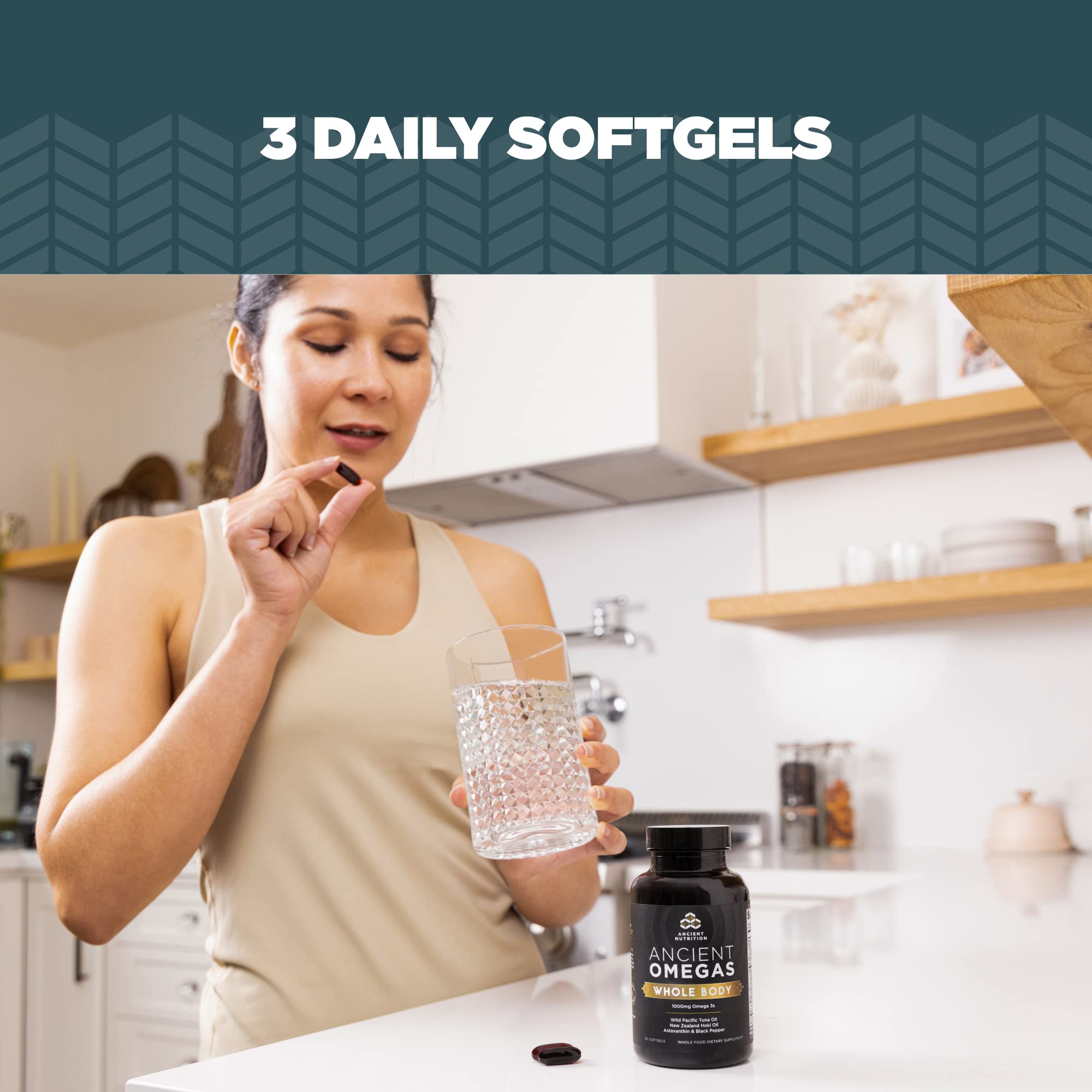 Ancient Nutrition Ancient Omegas Whole Body botanical blend supports absorption and eye health.
