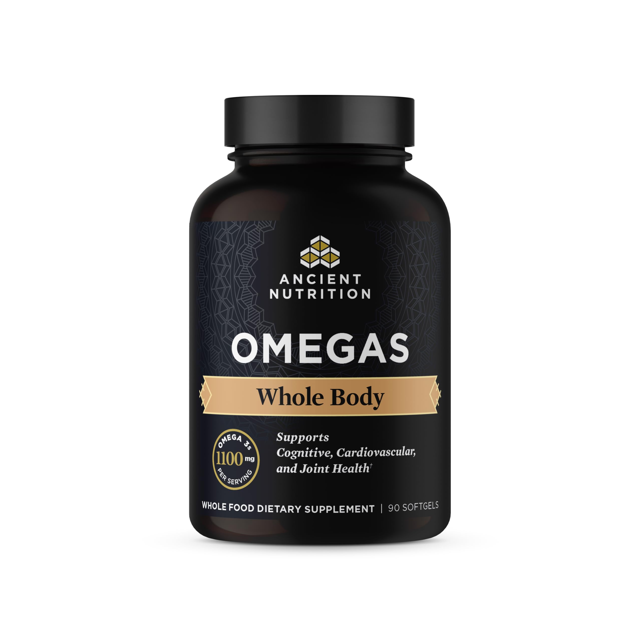 Ancient Nutrition Ancient Omegas Whole Body bottle showing triple-strength omega blend for daily wellness.