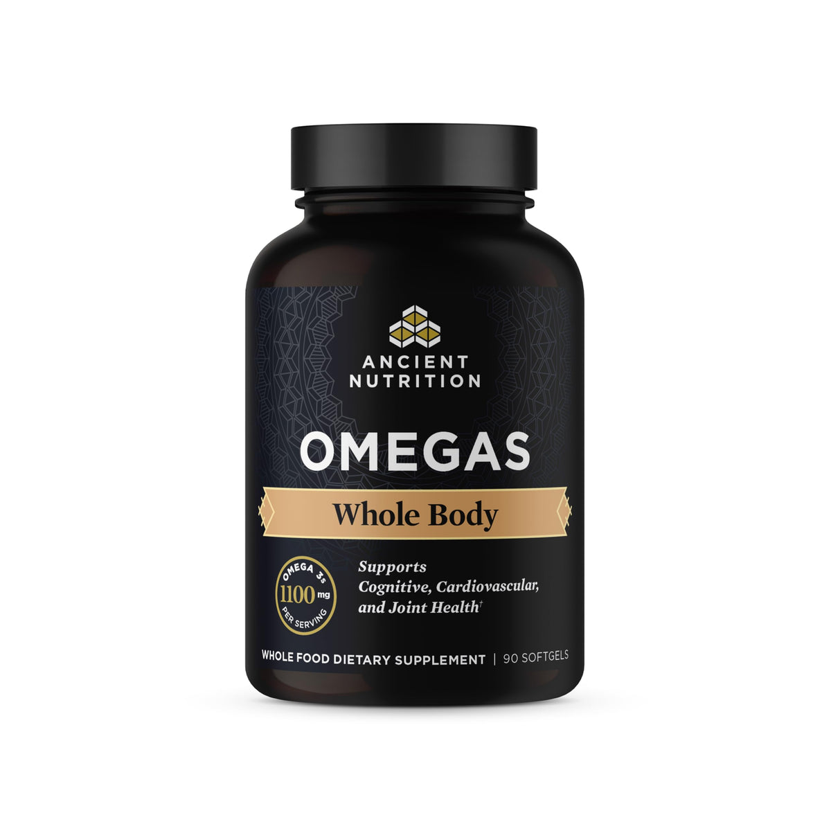 Ancient Nutrition Ancient Omegas Whole Body bottle showing triple-strength omega blend for daily wellness.