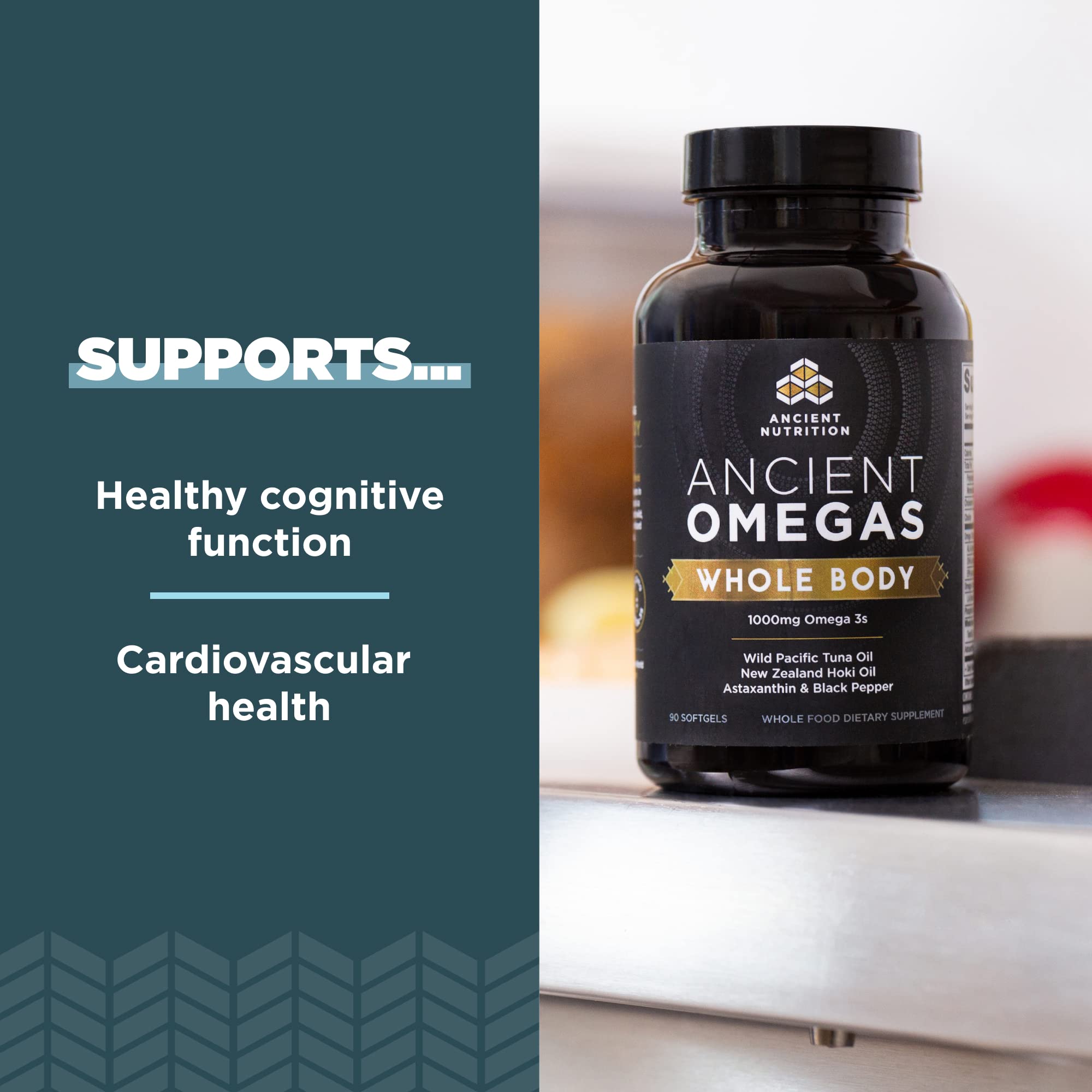 Ancient Nutrition Ancient Omegas Whole Body oil drop highlights purity from wild fish sources.