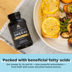 Ancient Nutrition Ancient Omegas Whole Body wild fish illustration emphasizes high-quality omega sources.