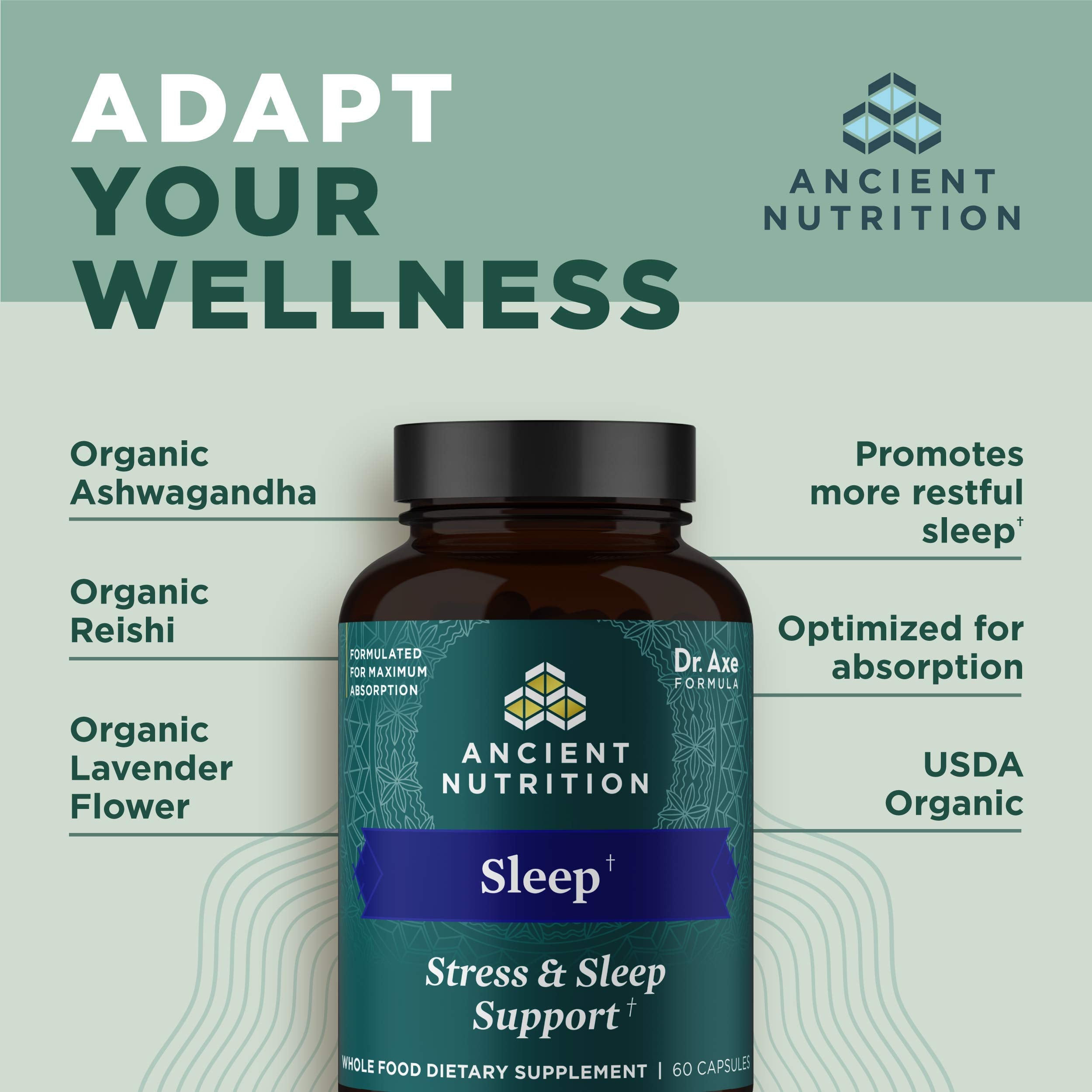 Ancient Nutrition Ashwagandha Sleep bottle with lab badge signaling third-party testing.