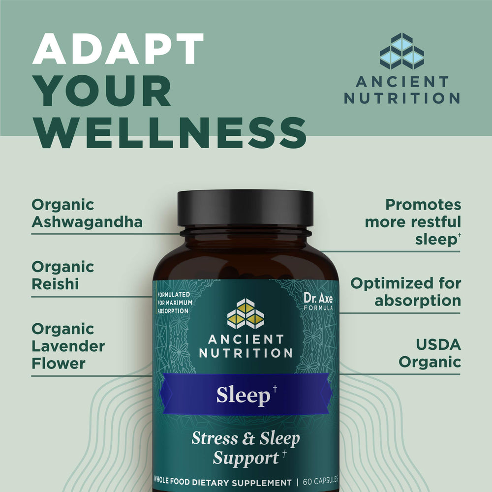 Ancient Nutrition Ashwagandha Sleep bottle with lab badge signaling third-party testing.