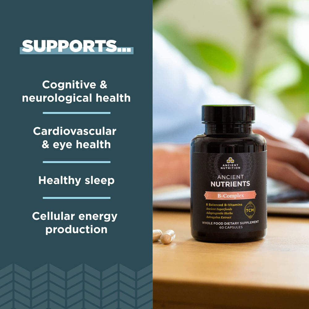 Ancient Nutrition B-Complex label front shows enzyme-activated blend for absorption.