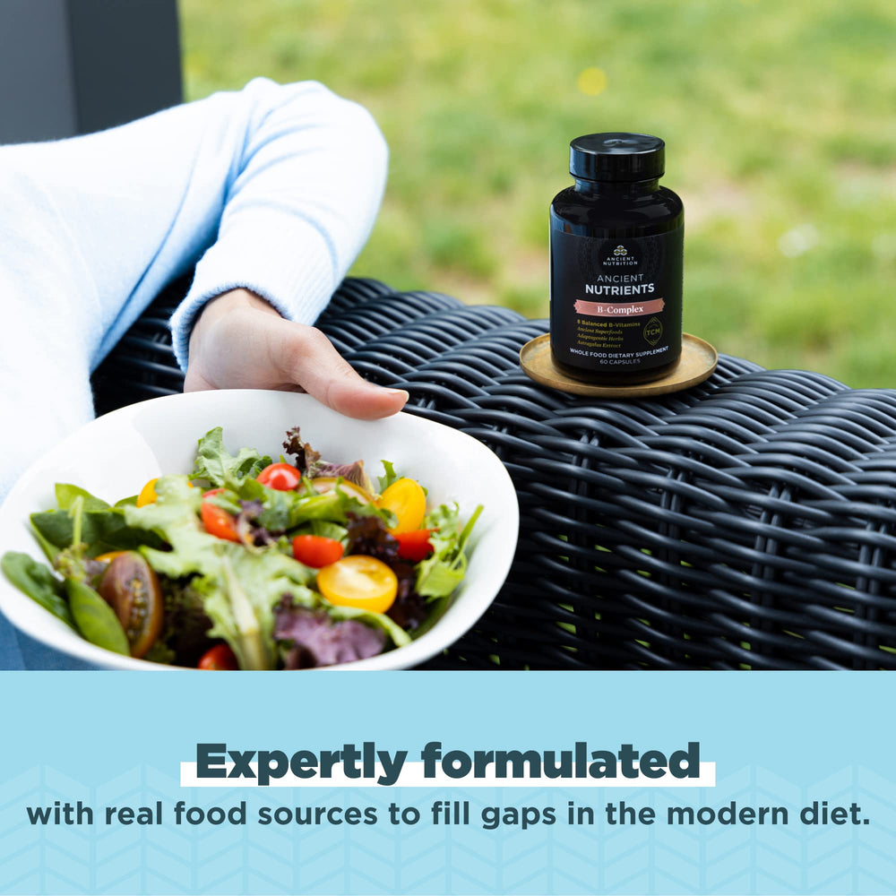 Ancient Nutrition B-Complex TCM blend highlights adaptogenic herbs.