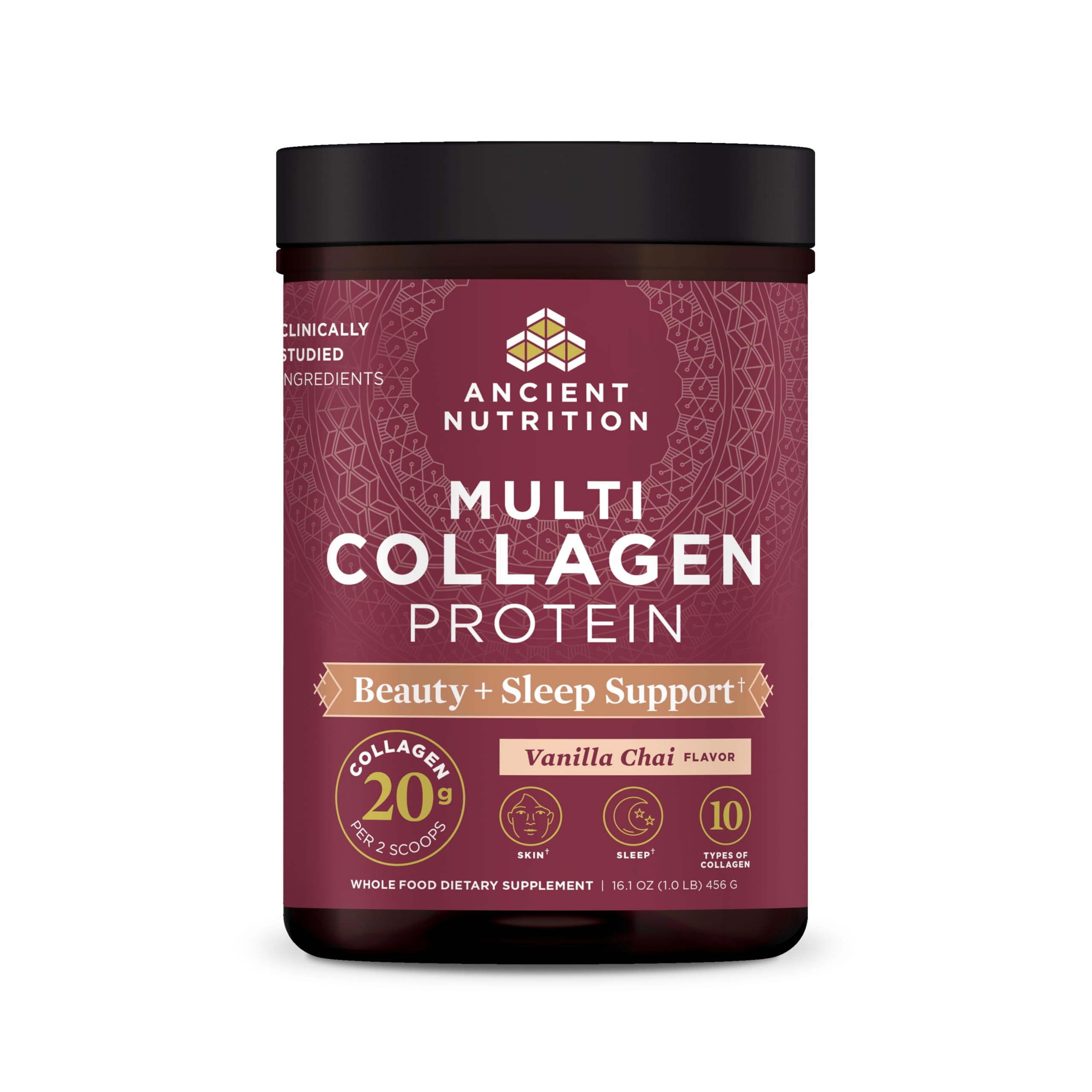 Ancient Nutrition Beauty Sleep collagen tub closeup for daily skin and nail support.