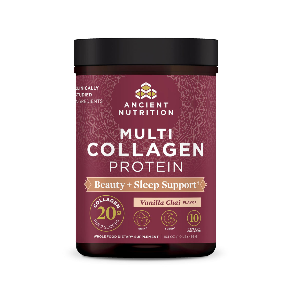 Ancient Nutrition Beauty Sleep collagen tub closeup for daily skin and nail support.