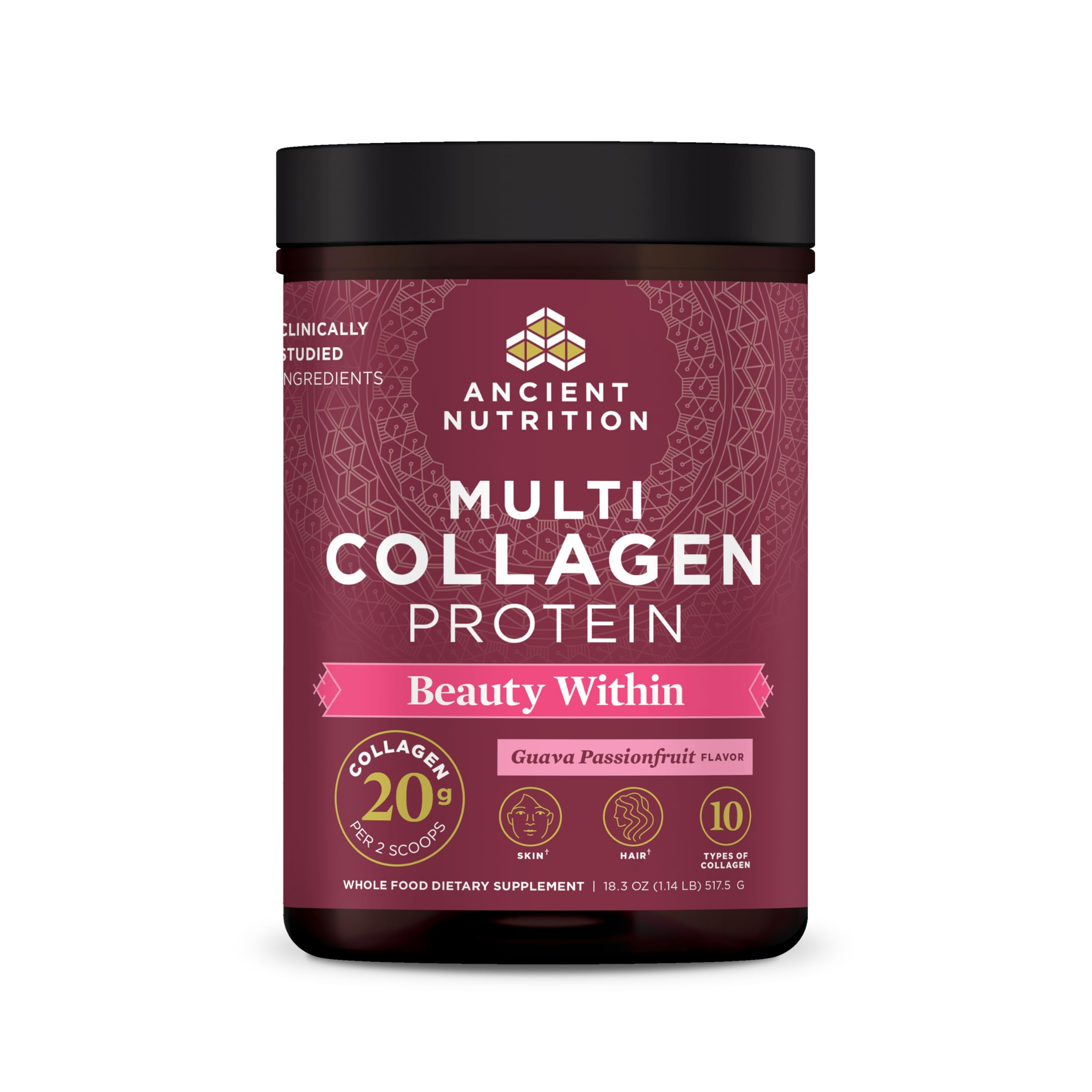 Ancient Nutrition Beauty Within bottle pour of guava passionfruit flavor for a refreshing collagen drink