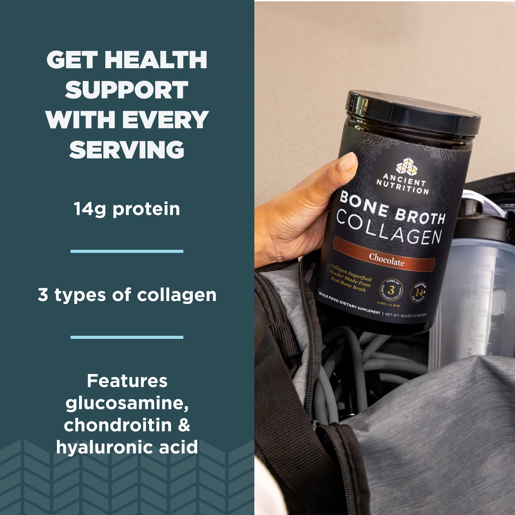Ancient Nutrition Bone Broth Collagen Chocolate bottle label closeup with nutrition details