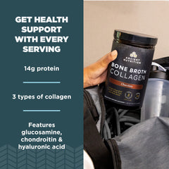 Ancient Nutrition Bone Broth Collagen Chocolate bottle label closeup with nutrition details