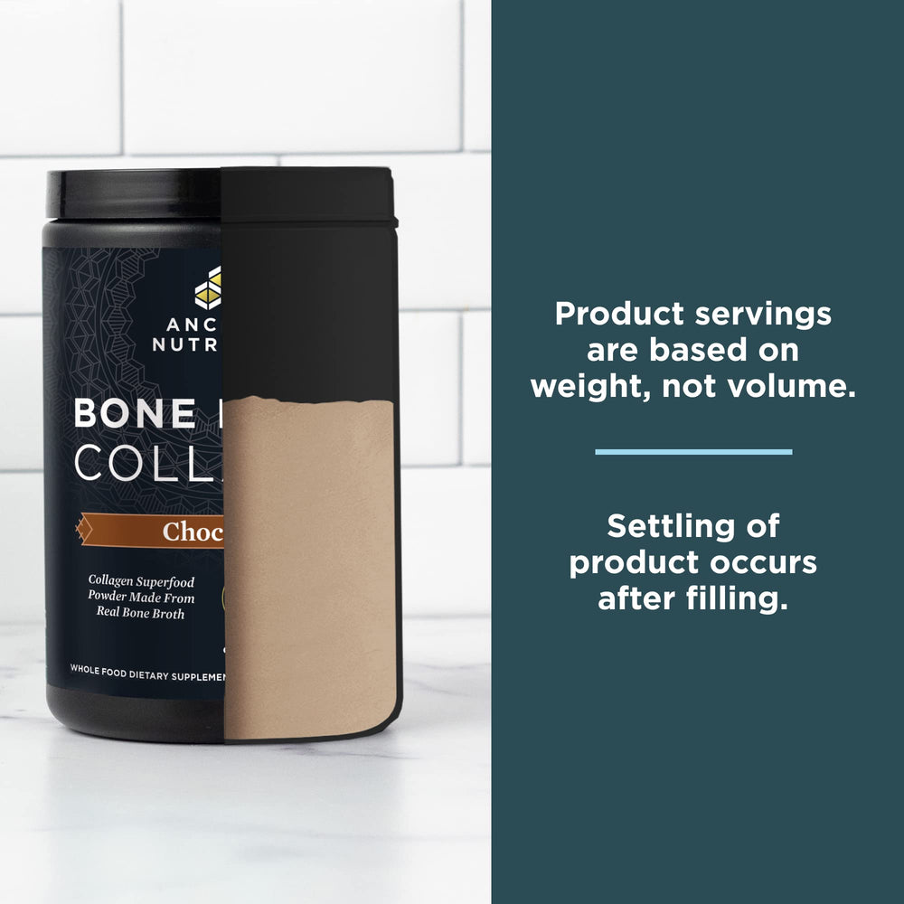 Ancient Nutrition Bone Broth Collagen Chocolate serving position emphasizes 30 servings