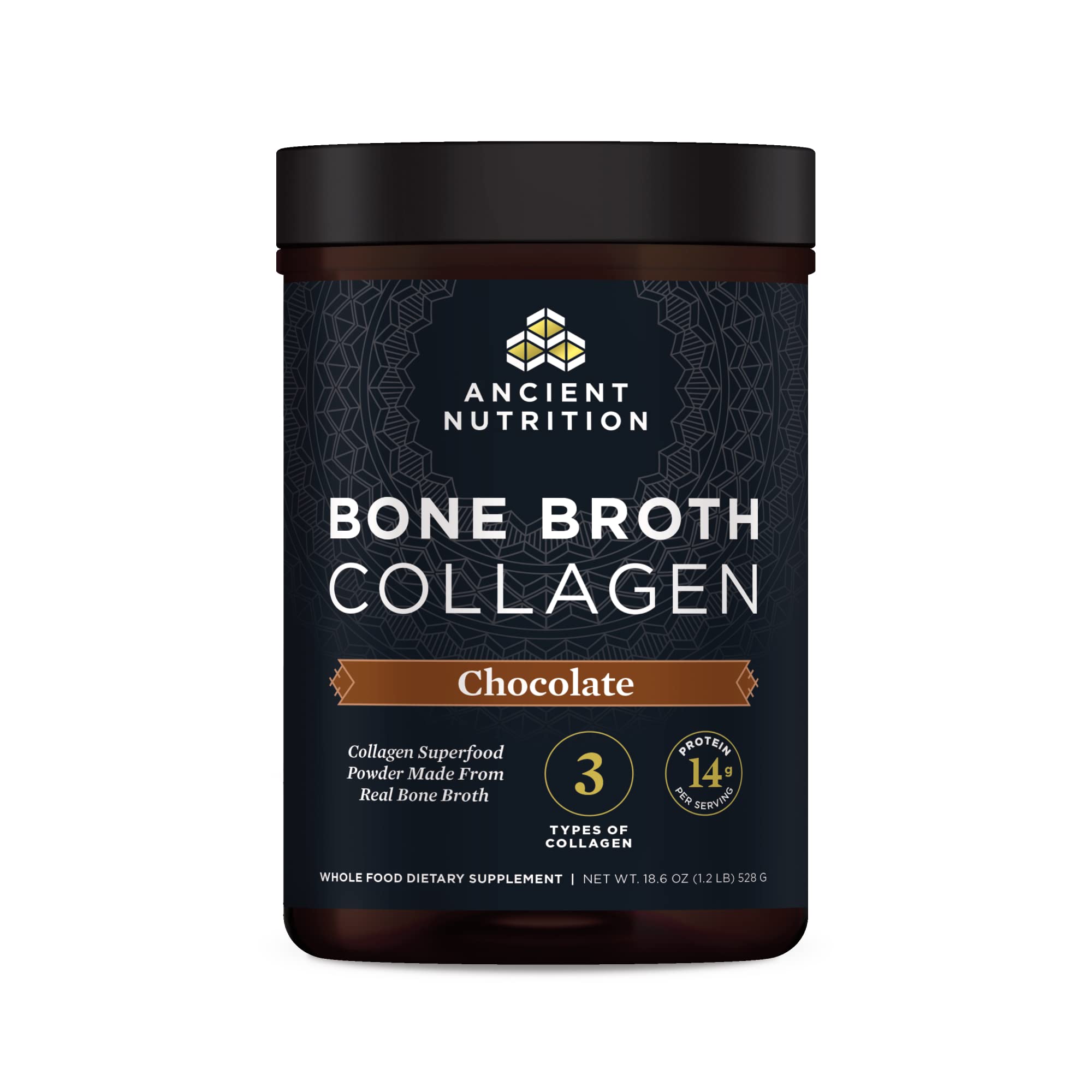 Ancient Nutrition Bone Broth Collagen Chocolate tub front highlighting multi-collagen blend for skin support