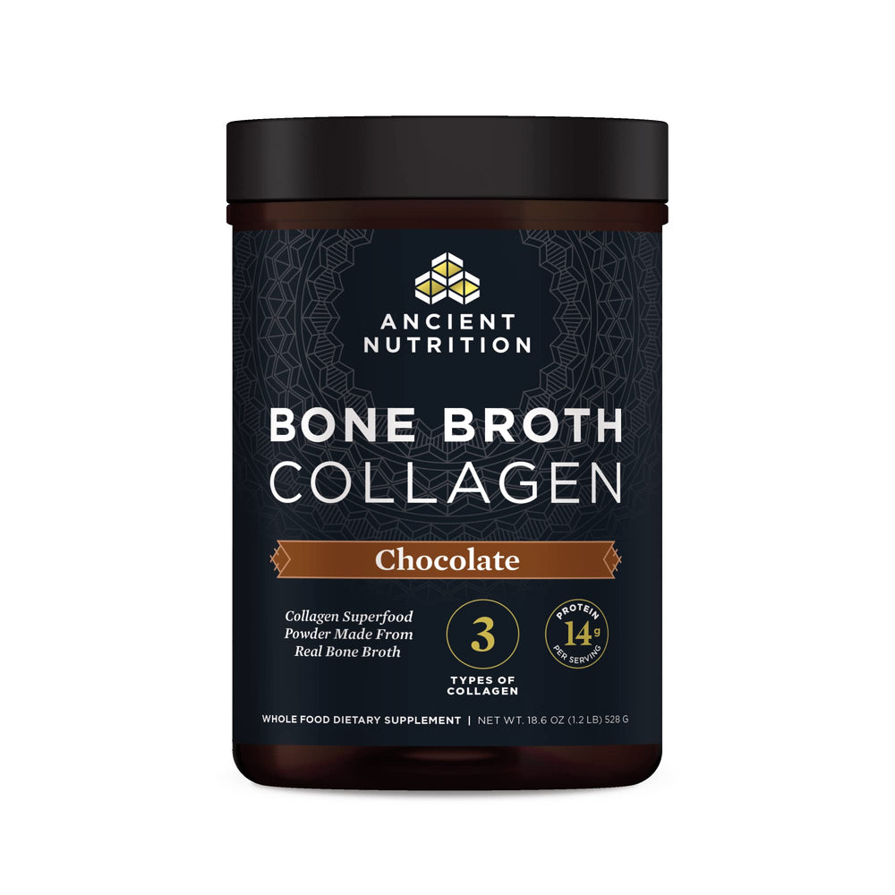 Ancient Nutrition Bone Broth Collagen Chocolate tub front highlighting multi-collagen blend for skin support