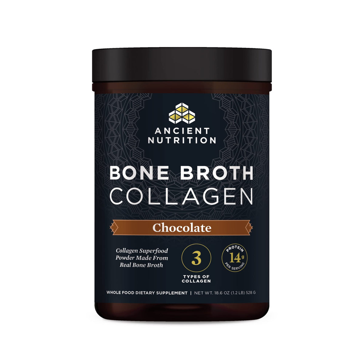 Ancient Nutrition Bone Broth Collagen Chocolate tub front highlighting multi-collagen blend for skin support