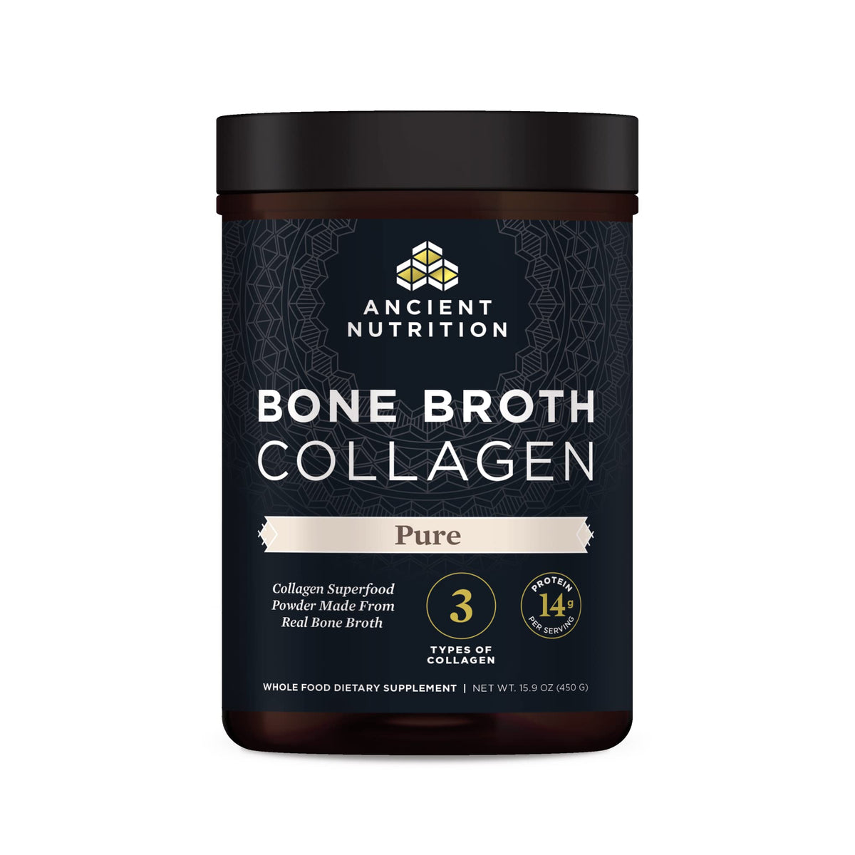 Ancient Nutrition bone broth collagen powder tub on shelf for daily protein and collagen routine.