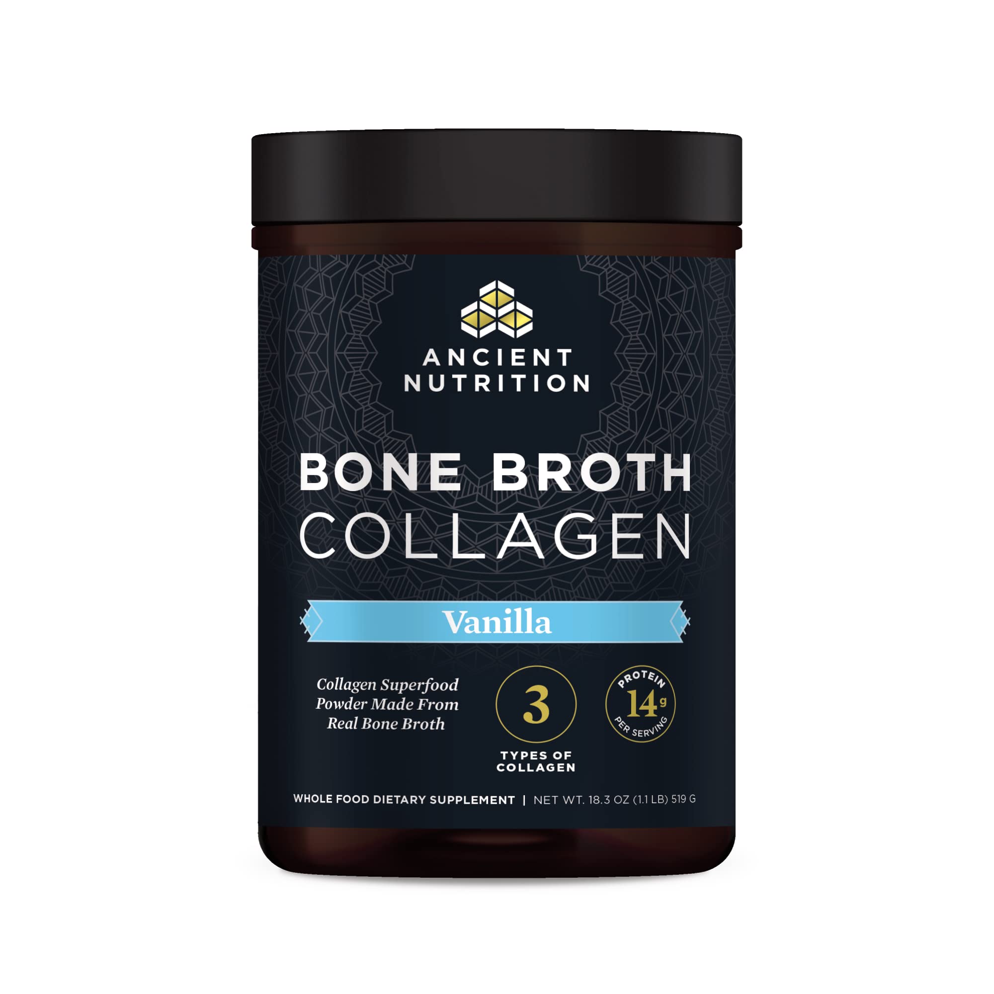 Ancient Nutrition Bone Broth Collagen Vanilla bottle showing premium powder for daily protein