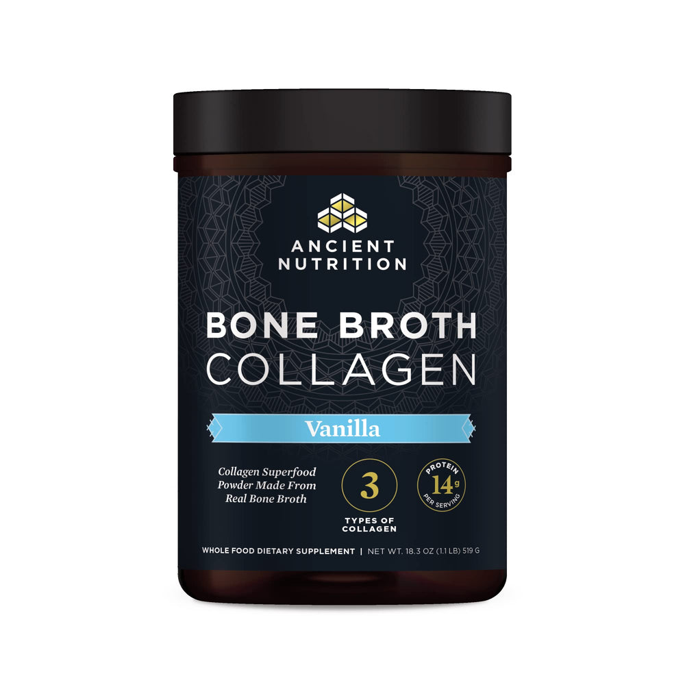 Ancient Nutrition Bone Broth Collagen Vanilla bottle showing premium powder for daily protein