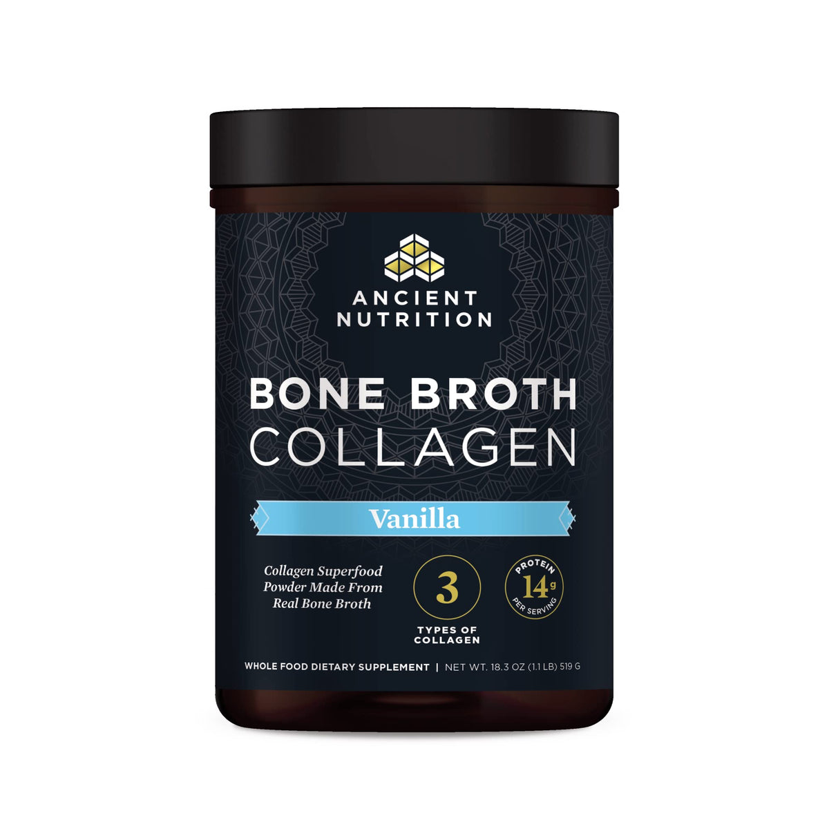 Ancient Nutrition Bone Broth Collagen Vanilla bottle showing premium powder for daily protein