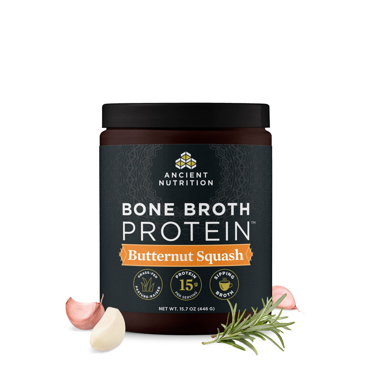 Ancient Nutrition Bone Broth Protein Powder butternut squash tub supports gut health when stirred into hot water.