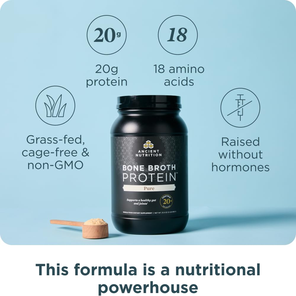 Ancient Nutrition chocolate flavor powder scoop ready to blend into shakes for protein.