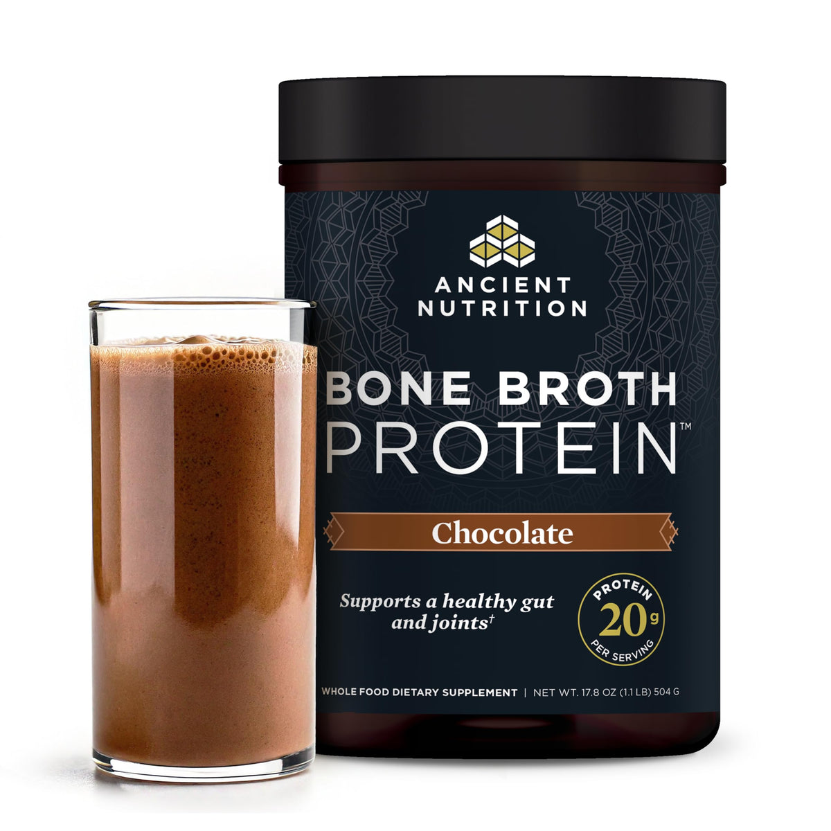 Ancient Nutrition bone broth protein chocolate tub ready for daily protein fueling.