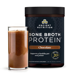 Ancient Nutrition bone broth protein chocolate tub ready for daily protein fueling.