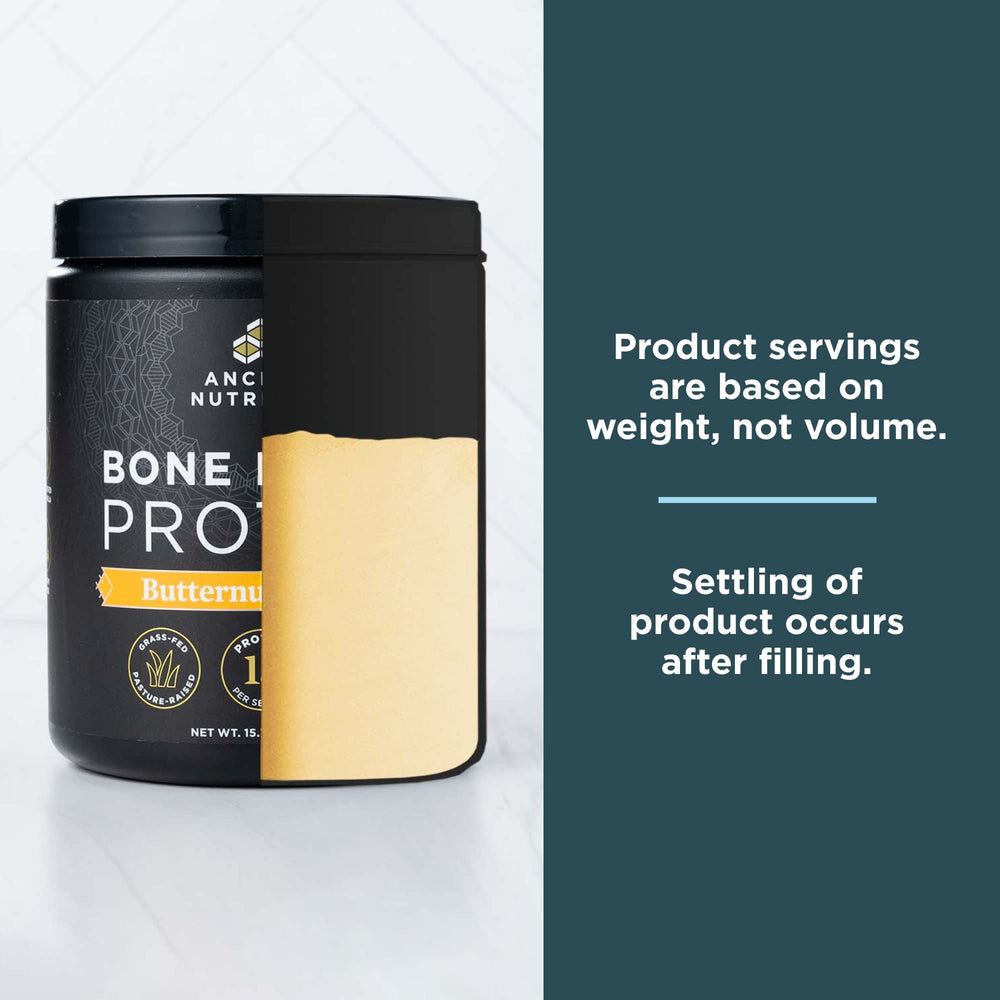 Ancient Nutrition Bone Broth Protein Powder in a kitchen scene proves dairy-free, gluten-free formula.