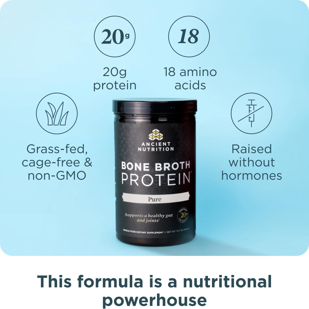 Ancient Nutrition bone broth protein powder chocolate in a cup, rich flavor while fueling meals.