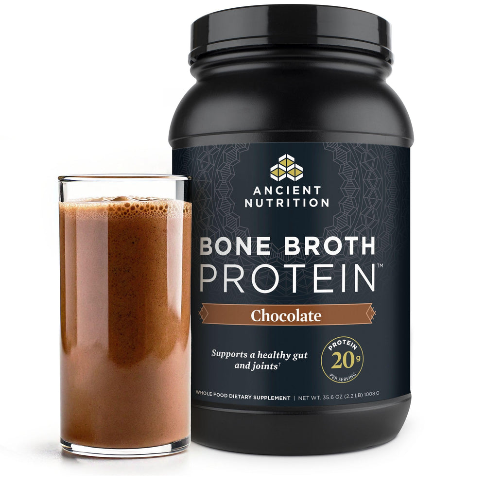 Ancient Nutrition bone broth protein powder jar showing premium ingredients and label for daily protein intake