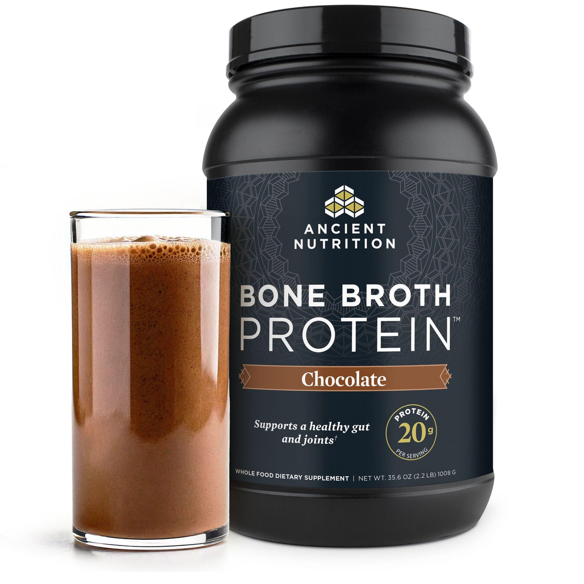 Ancient Nutrition bone broth protein powder jar showing premium ingredients and label for daily protein intake