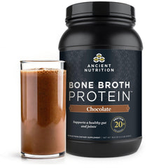 Ancient Nutrition bone broth protein powder jar showing premium ingredients and label for daily protein intake
