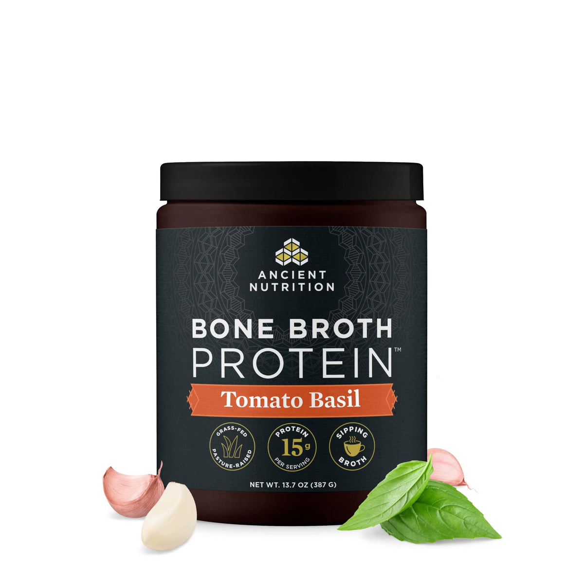 Ancient Nutrition bone broth protein powder tomato basil with scoop offering savory protein boost
