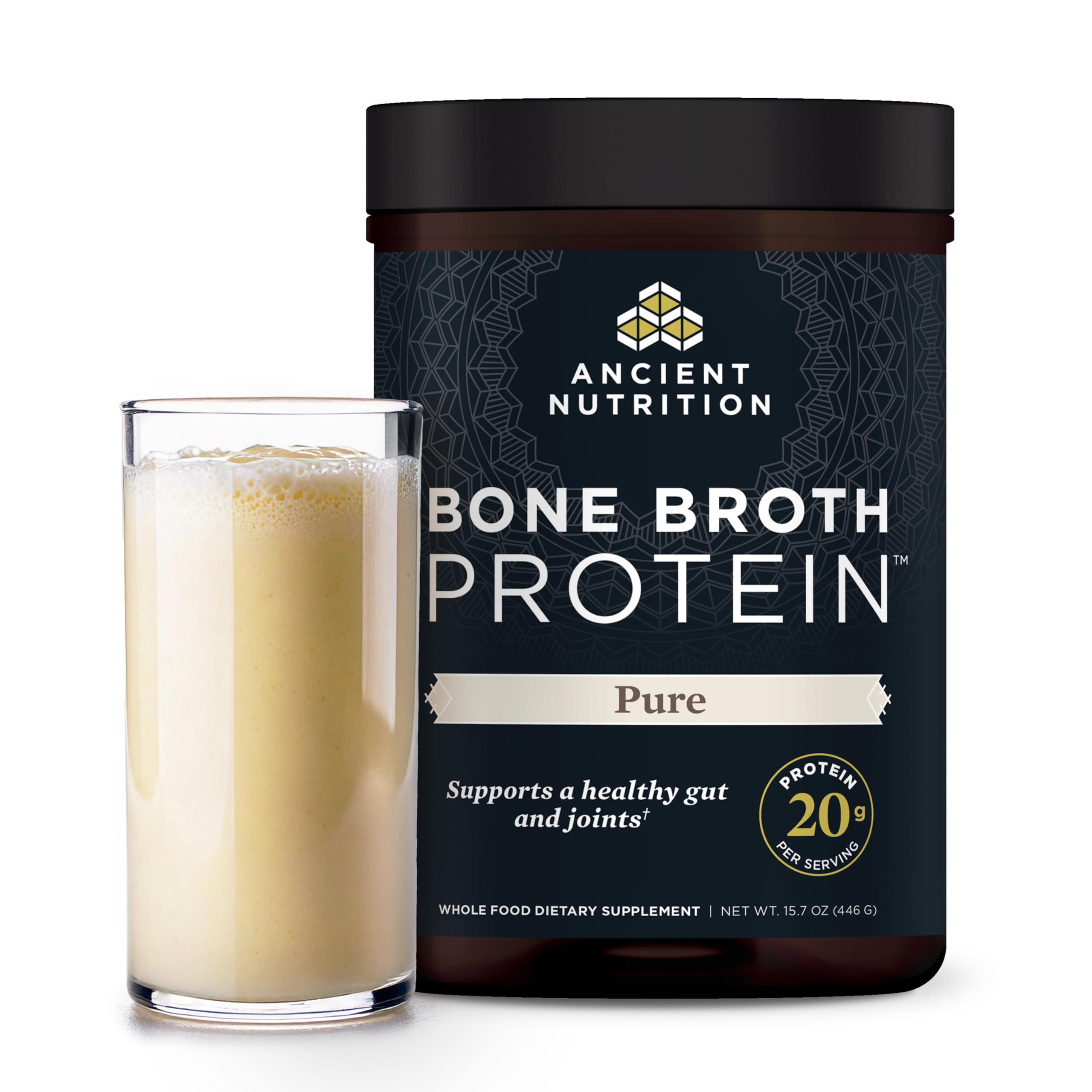 Ancient Nutrition bone broth protein powder vanilla in a smoothie, convenient protein boost.
