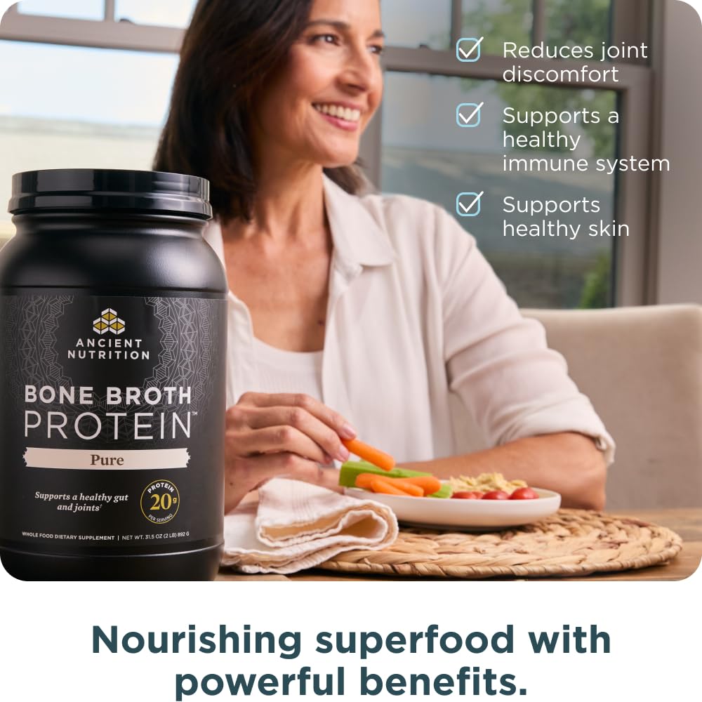 Ancient Nutrition pure broth powder in a mug for warm sipping broth and nourishment.