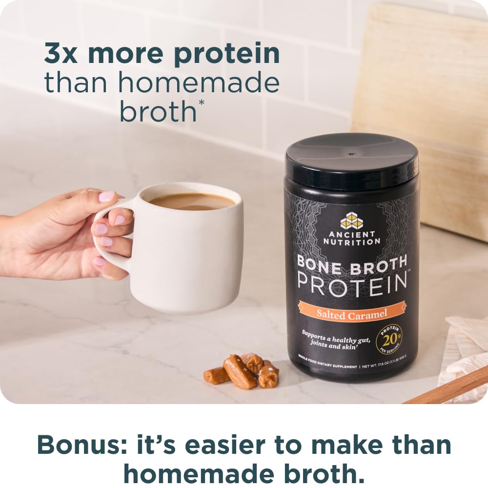 Ancient Nutrition tub with glass and scoop suggests convenient daily protein routine.