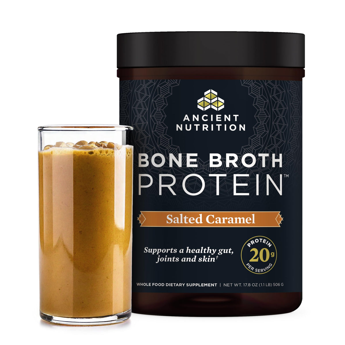 Ancient Nutrition Bone Broth Protein Salted Caramel tub demonstrates protein-packed, gut-friendly powder.