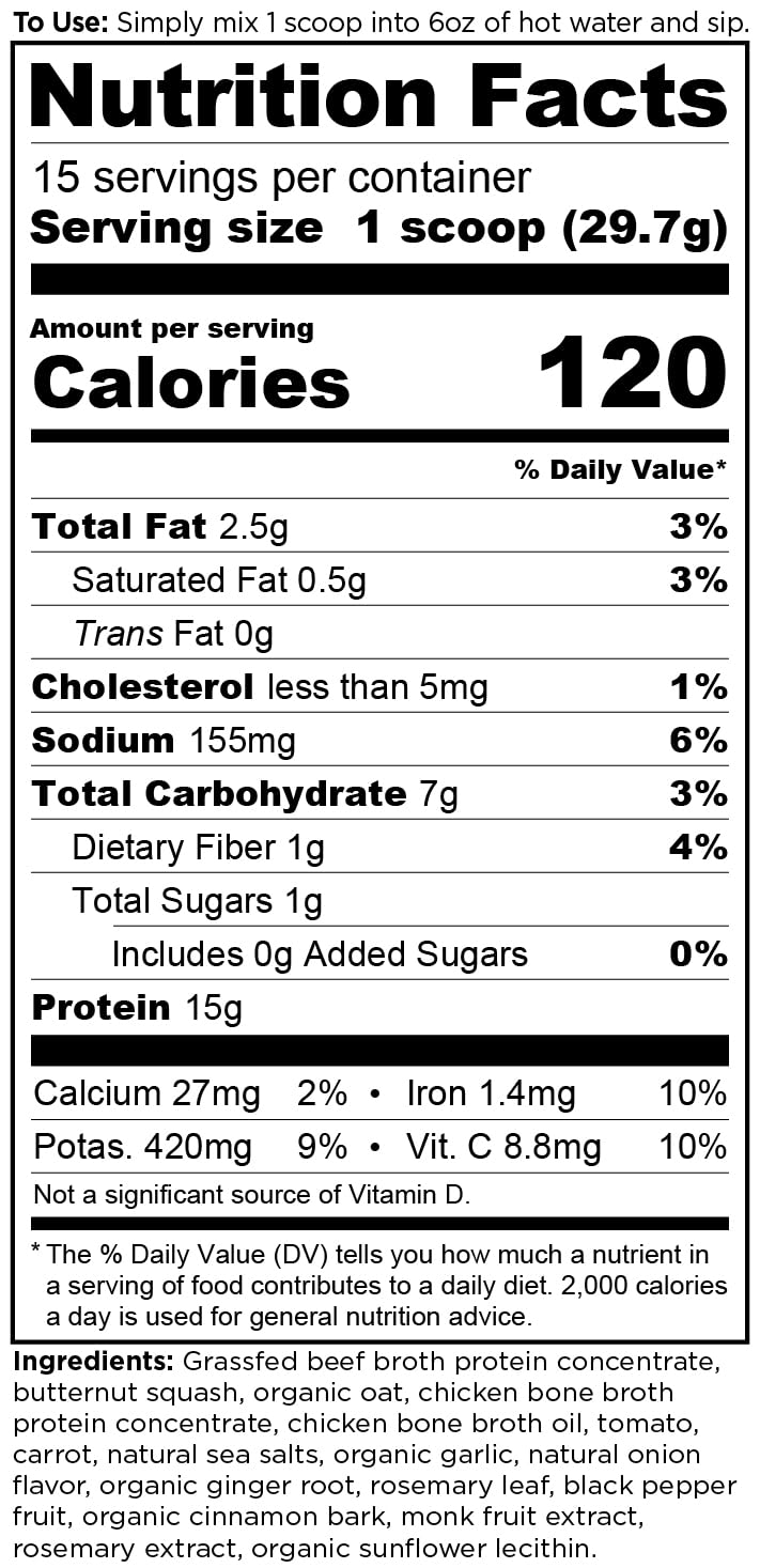 Ancient Nutrition Bone Broth Protein Powder scoop highlights 15 g protein per serving for daily nourishment.