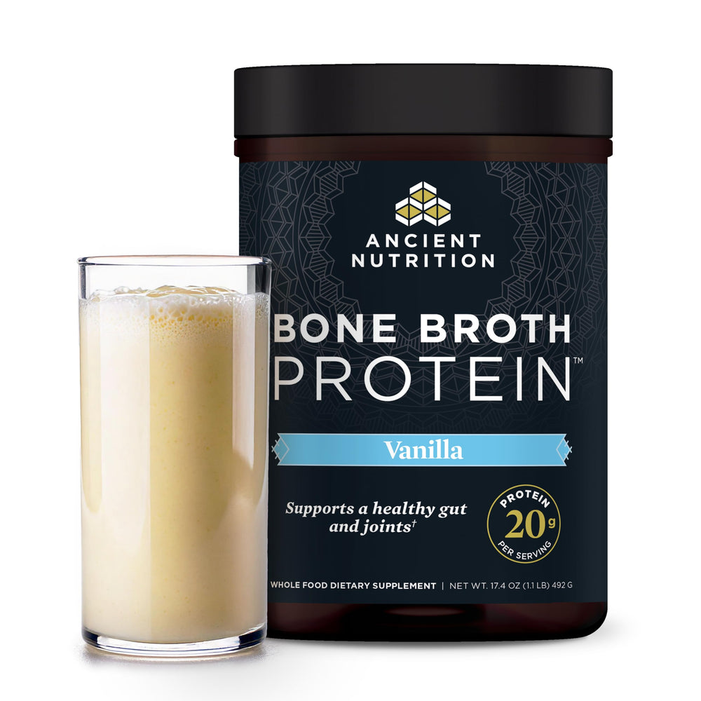 Ancient Nutrition vanilla bone broth protein bottle shows 20g protein per serving.
