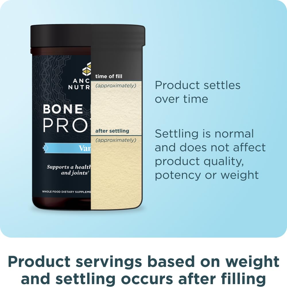 Ancient Nutrition vanilla bone broth protein packaging on a store shelf.