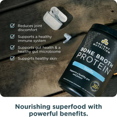 Ancient Nutrition vanilla bone broth protein scoop for quick servings.