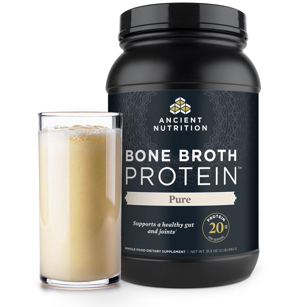 Ancient Nutrition bone broth protein powder vanilla serving in a shaker for smoothies.