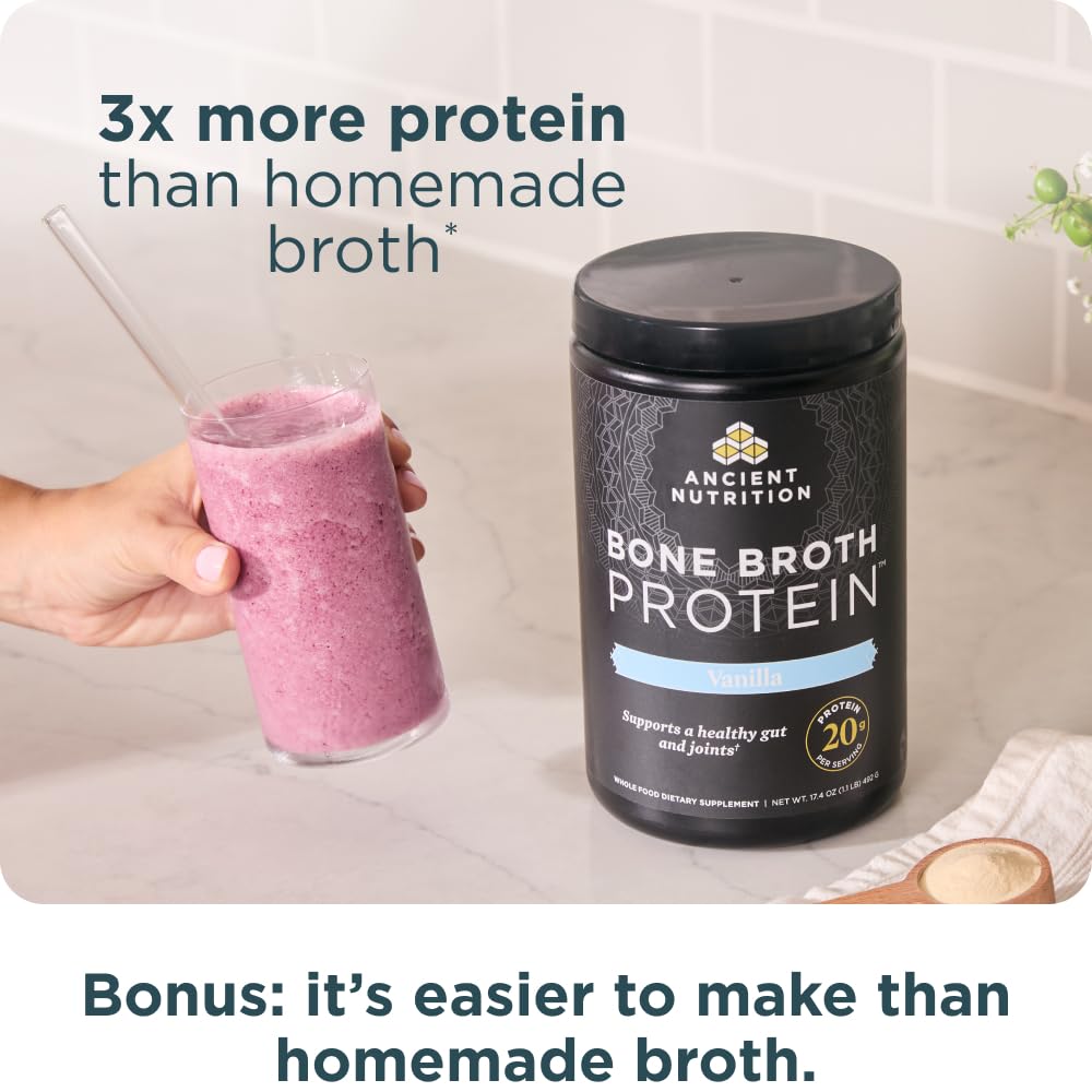 Ancient Nutrition vanilla bone broth protein smoothie prepared for blending.