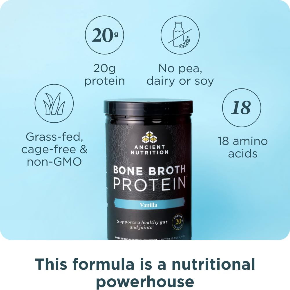 Ancient Nutrition vanilla bone broth protein tub ready for shakes and smoothies.
