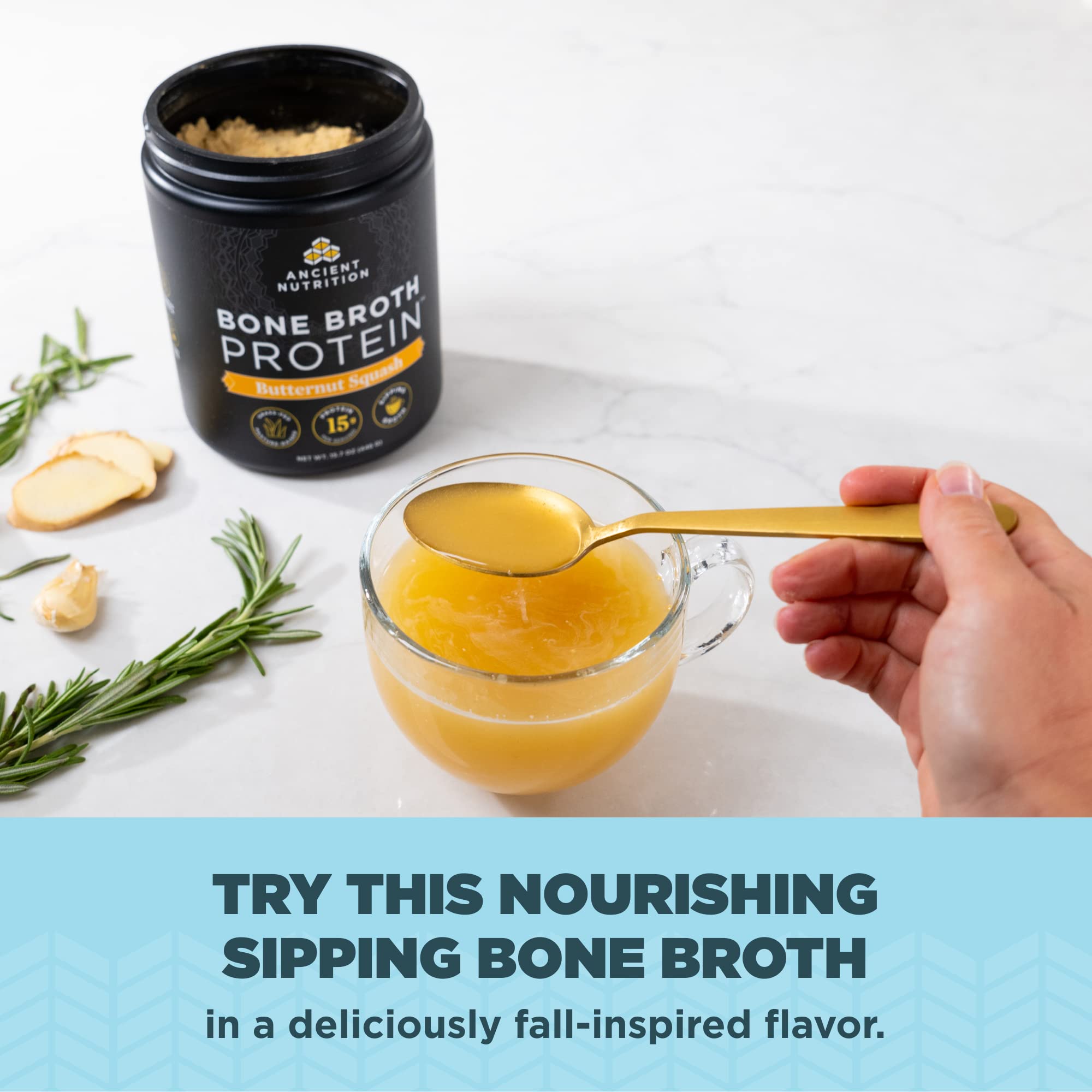 Ancient Nutrition Bone Broth Protein Powder warm cup evokes savory broth comfort.