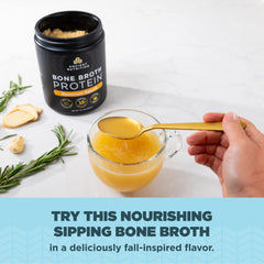 Ancient Nutrition Bone Broth Protein Powder warm cup evokes savory broth comfort.