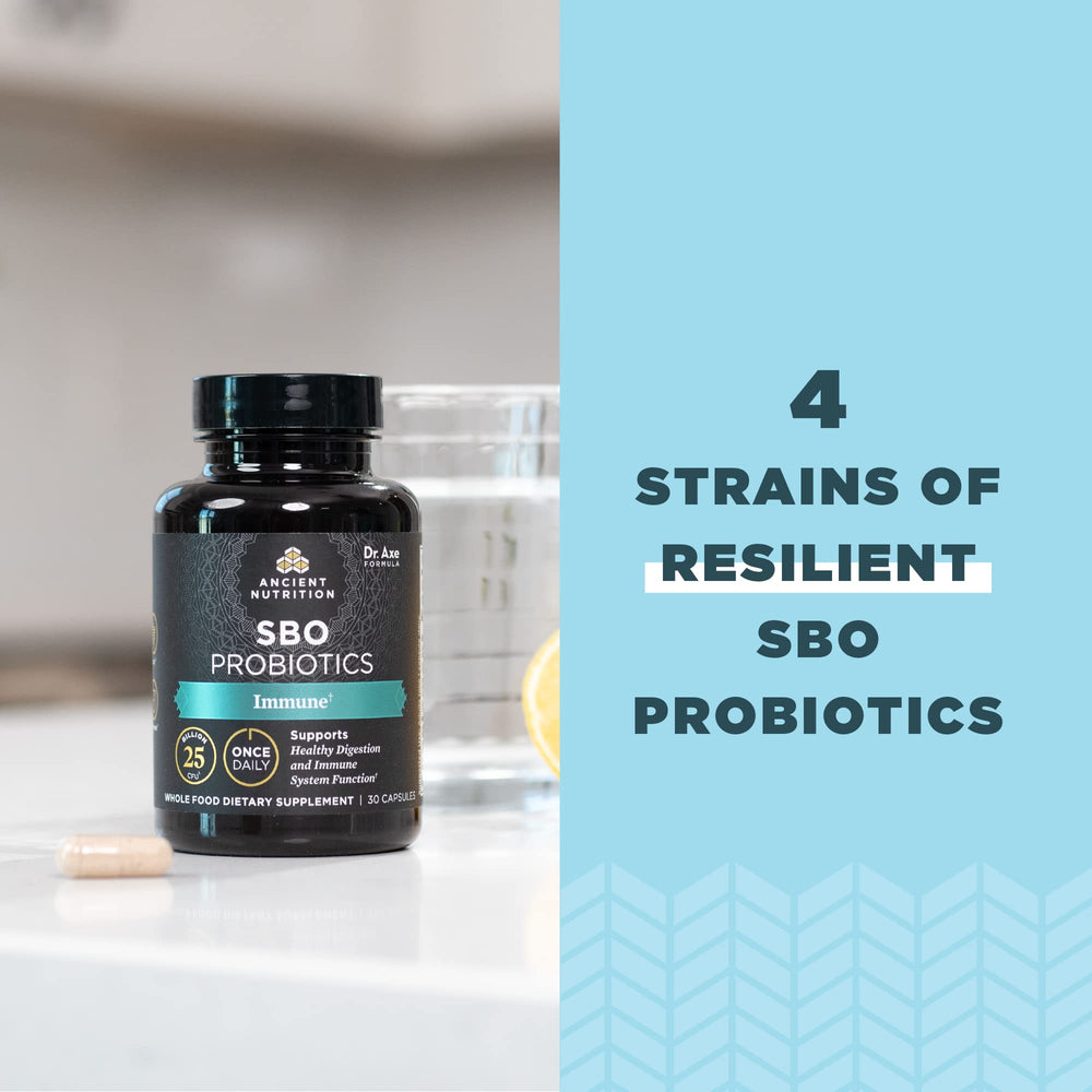 Ancient Nutrition bottle on desk with capsules for convenient daily routine.